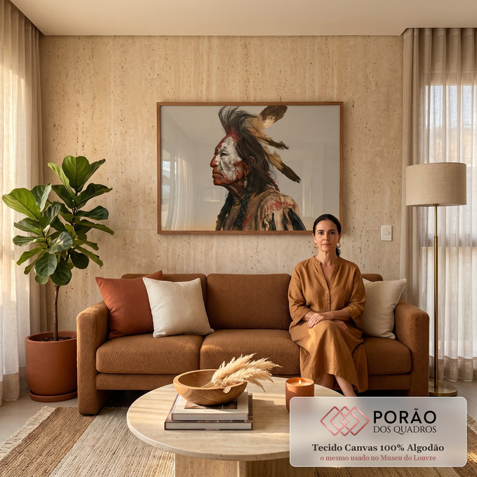 Quadro Decorativo Guerreiro Indígena de Perfil com Penas | quadros decorativos para sala de estar | homem indígena de perfil com pintura facial vermelha e branca e penas no cabelo | em ambiente 3 | Porao dos Quadros