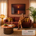 Veleiro árabe em silhueta sob sol laranja no mar calmo com reflexo dourado, quadro decorativo