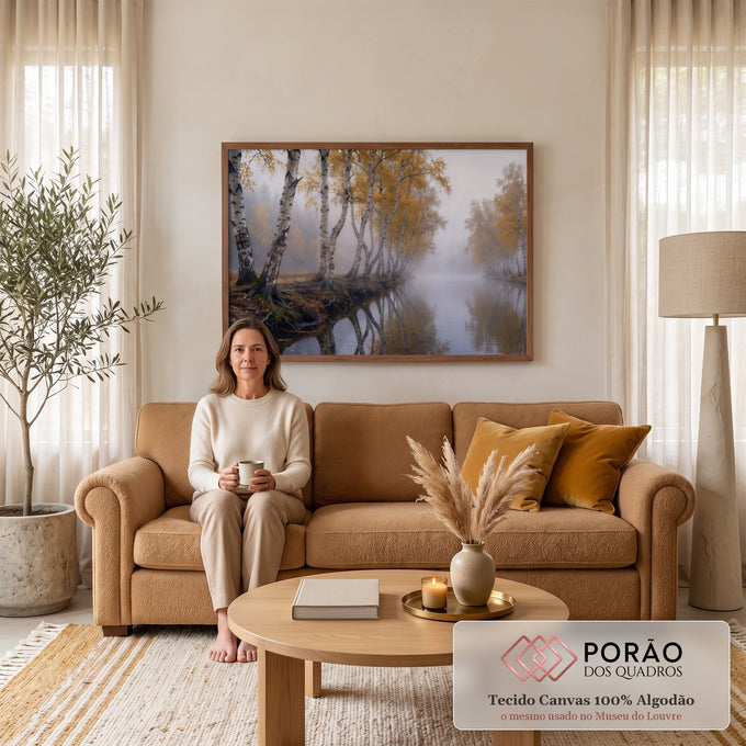 Quadro Decorativo Grande Bétulas Douradas para Sala Branco | quadros decorativos para sala de estar | fileira de bétulas com folhas douradas refletidas em rio enevoado no outono | em ambiente 3 | Porao dos Quadros