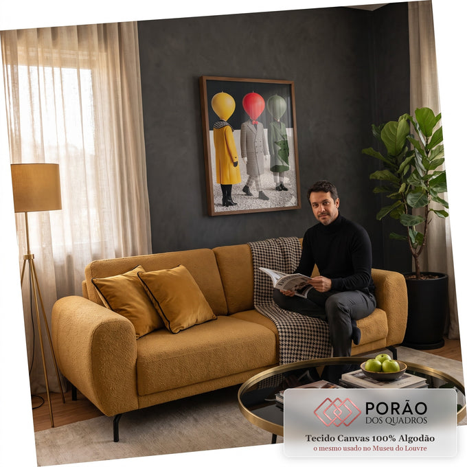 Três manequins com cabeças de balão amarelo, vermelho e verde vestindo sobretudos, quadro decorativo
