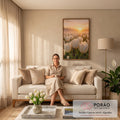 Quadro Decorativo Campo de Tulipas Brancas ao Amanhecer | quadros decorativos para sala de estar | campo de tulipas brancas com orvalho ao nascer do sol entre névoa suave | em ambiente 3 | Porao dos Quadros