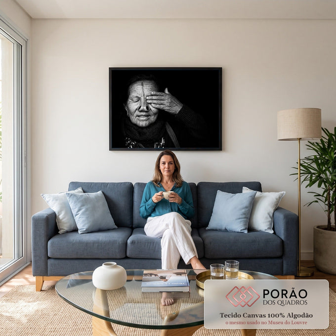 Retrato em preto e branco de mulher idosa tribal cobrindo o olho com a mão, fundo preto, quadro decorativo