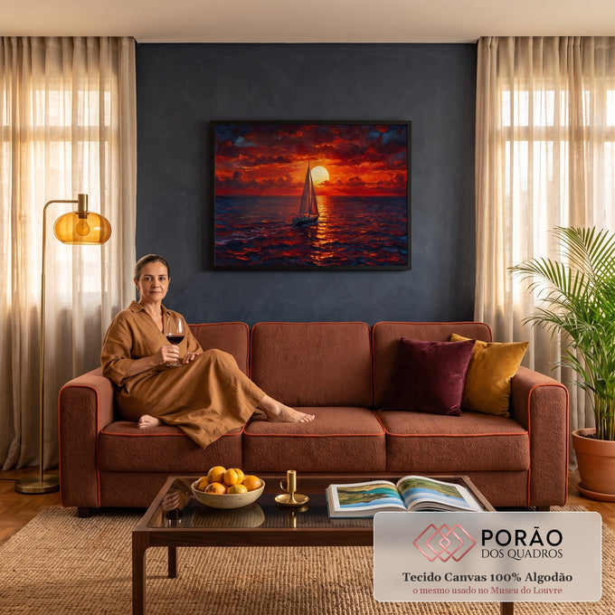 Quadro Decorativo Grande Veleiro Mar para Sala Vermelho | quadros decorativos para sala de estar | veleiro navegando ao pôr do sol com céu vermelho e mar refletindo luz dourada | em ambiente 3 | Porao dos Quadros