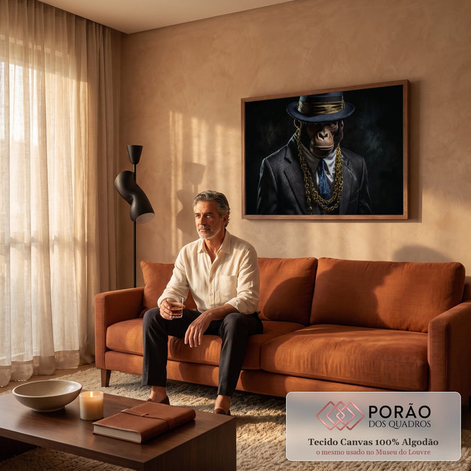 Quadro Decorativo Grande Gorila de Terno Correntes para Sala | quadros decorativos para sala de estar | gorila de terno, chapéu fedora e correntes de ouro em fundo escuro | em ambiente 3 | Porao dos Quadros