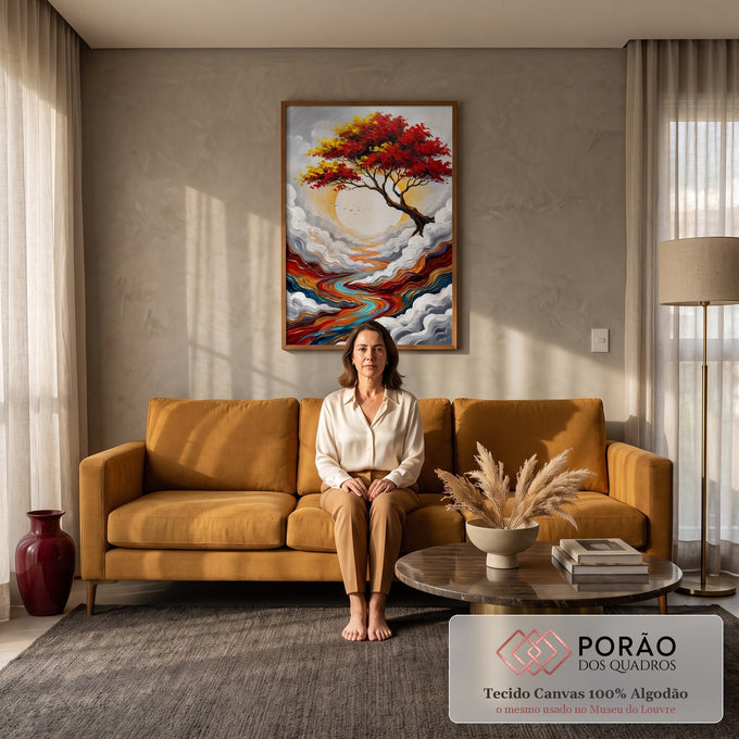 Quadro Decorativo Grande Árvore Vermelha Vermelho para Sala | quadros decorativos para sala de estar | árvore com folhas vermelhas e amarelas sobre sol branco e rio colorido entre nuvens | em ambiente 3 | Porao dos Quadros