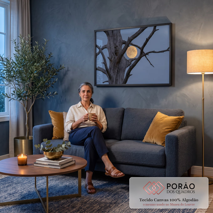 Quadro Decorativo Grande Lua Cheia Árvore Seca para Sala | quadros decorativos para sala de estar | lua cheia dourada emoldurada por galhos secos de árvore contra céu azul crepuscular | em ambiente 3 | Porao dos Quadros