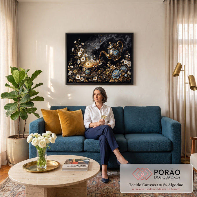 Bule de porcelana servindo chá em xícara entre margaridas e flores douradas em fundo preto, quadro decorativo