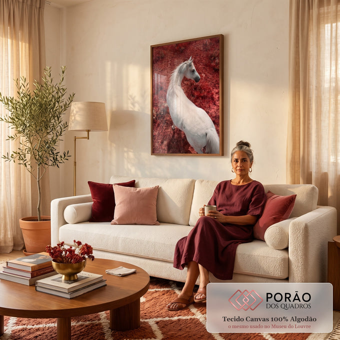 Cavalo branco de costas olhando para o lado em campo vermelho infravermelho, quadro decorativo