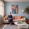 Quadro Decorativo Grande Nossa Senhora Azul para Sala | quadros decorativos para sala de estar | Nossa Senhora de manto azul abraçada por cinco anjinhos com coroas de flores | em ambiente 3 | Porao dos Quadros
