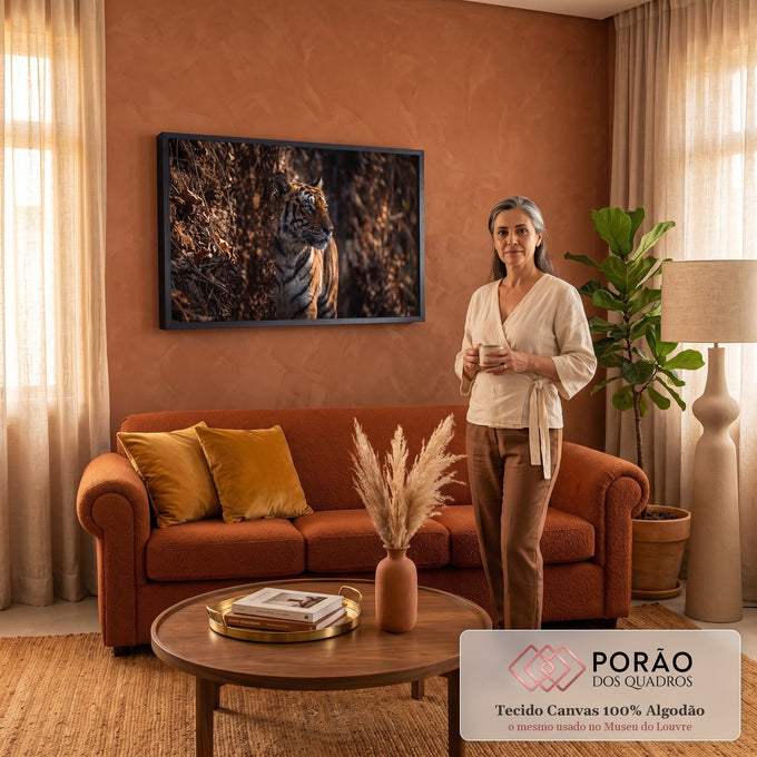 Tigre-de-bengala atento entre folhas secas sob luz suave em tons marrons, fotografia, quadro decorativo