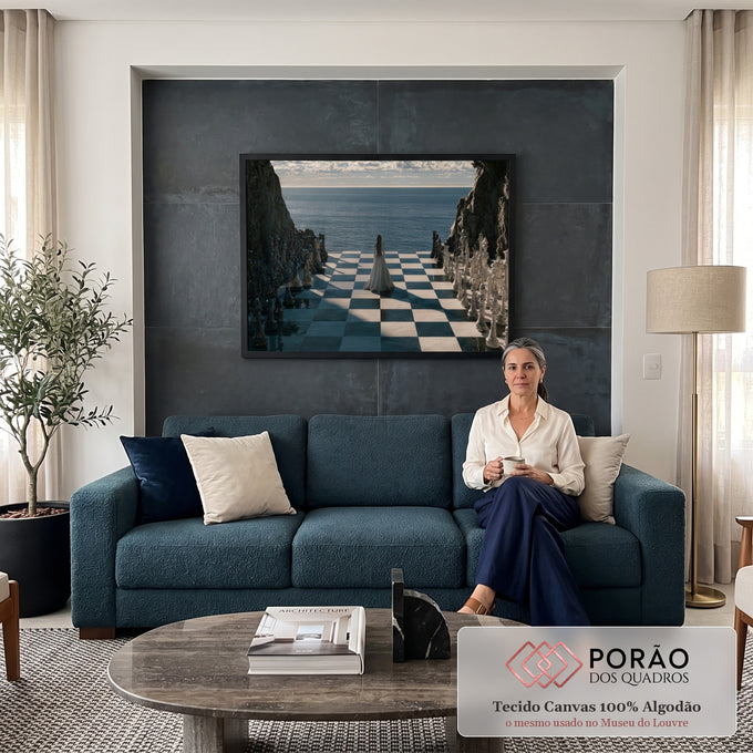 Quadro Decorativo Mulher no Tabuleiro de Xadrez Gigante | quadros decorativos para sala de estar | mulher de vestido branco em tabuleiro de xadrez gigante à beira-mar, peças brancas e pretas ao redor | em ambiente 3 | Porao dos Quadros