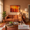 Quadro Decorativo Grande Silhuetas em Corredor para Sala | quadros decorativos para sala de estar | silhuetas borradas de pessoas caminhando em corredor com cortinas laranja retroiluminadas | em ambiente 3 | Porao dos Quadros