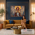 Quadro Decorativo Grande Anjo Guerreiro para Sala Dourado | quadros decorativos para sala de estar | anjo guerreiro de armadura dourada com asas grandes e halo em mosaico colorido | em ambiente 3 | Porao dos Quadros