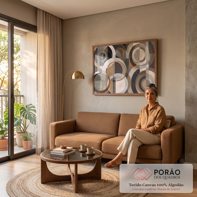 Quadro Decorativo Grande Círculos Geométricos para Sala Bege | quadros decorativos para sala de estar | círculos concêntricos sobrepostos em tons bege, marrom e cinza sobre fundo listrado | em ambiente 3 | Porao dos Quadros