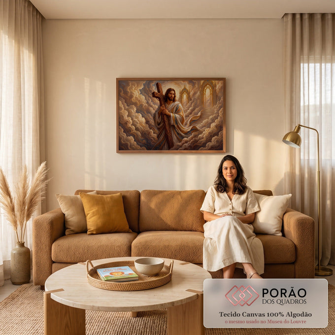 Quadro Decorativo Grande Jesus Portão Celestial para Sala | quadros decorativos para sala de estar | Jesus Cristo com manto branco segurando cruz de madeira entre nuvens douradas | em ambiente 3 | Porao dos Quadros