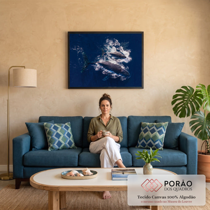 Quadro Decorativo Grande Baleias Jubarte para Sala Azul | quadros decorativos para sala de estar | duas baleias jubarte emergindo do oceano azul com respingos de espuma branca vistas de cima | em ambiente 3 | Porao dos Quadros