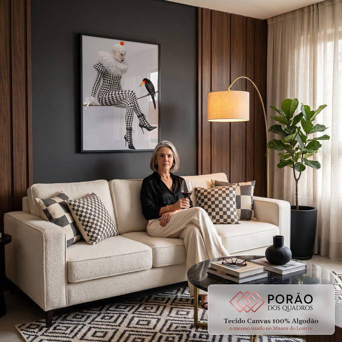 Mulher arlequim em macacão xadrez preto e branco sentada em corda com pássaro negro, quadro decorativo