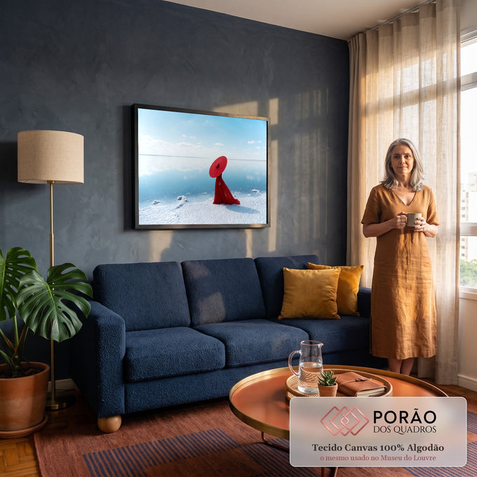 Mulher de vestido e chapéu vermelhos à beira de lago de sal espelhado sob céu azul, quadro decorativo