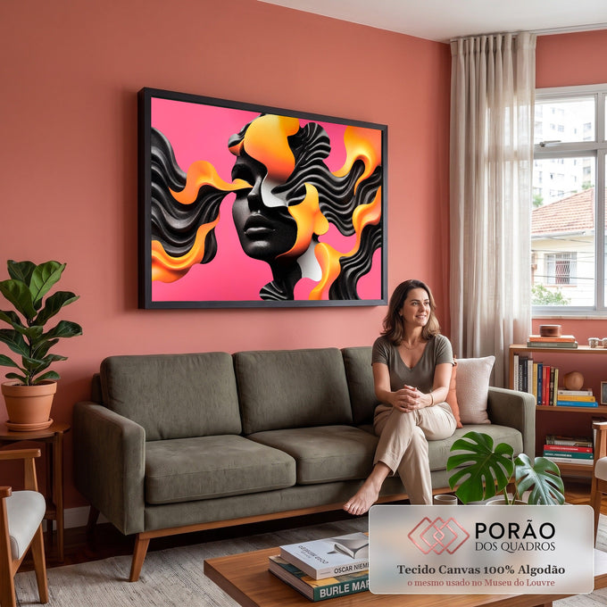 Quadro Decorativo Grande Rosto Abstrato Rosa para Sala | quadros decorativos para sala de estar | rosto abstrato preto com cabelo em chamas laranja sobre fundo rosa vibrante | em ambiente 3 | Porao dos Quadros