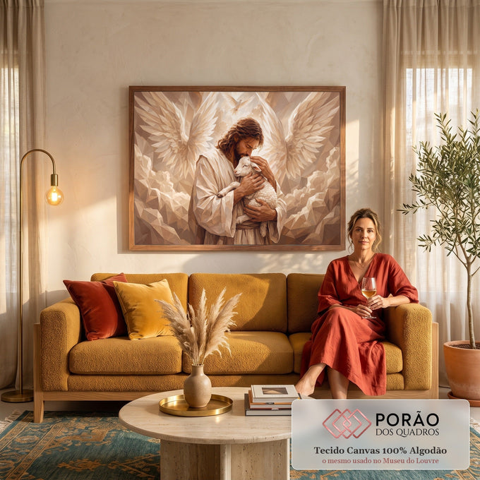Quadro Decorativo Grande Homem com Asas para Sala Bege | quadros decorativos para sala de estar | homem de manto bege abraçando cordeiro branco com asas geométricas e pomba ao fundo | em ambiente 3 | Porao dos Quadros