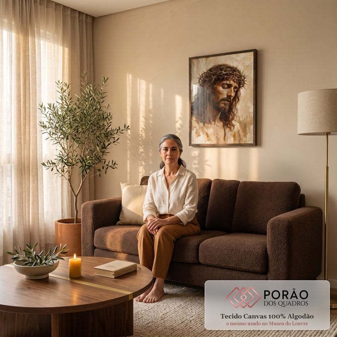 Quadro Decorativo Grande Jesus Cristo Marrom para Sala | quadros decorativos para sala de estar | Jesus Cristo com coroa de espinhos, olhos fechados, pintura em tons dourados e bege | em ambiente 3 | Porao dos Quadros