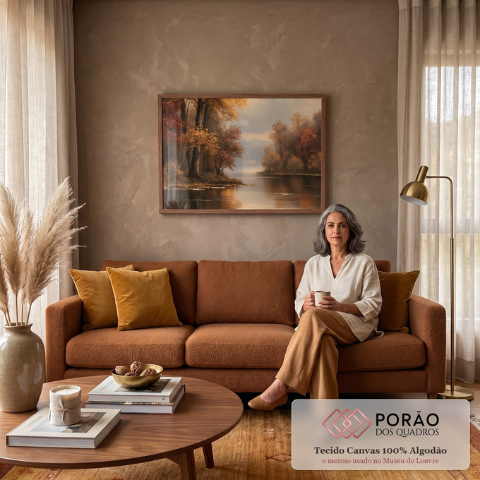 Quadro Decorativo Floresta de Outono à Beira do Lago | quadros decorativos para sala de estar | floresta de outono em tons vermelhos e dourados refletida num lago calmo com névoa | em Quadros para Escritorio | Porao dos Quadros