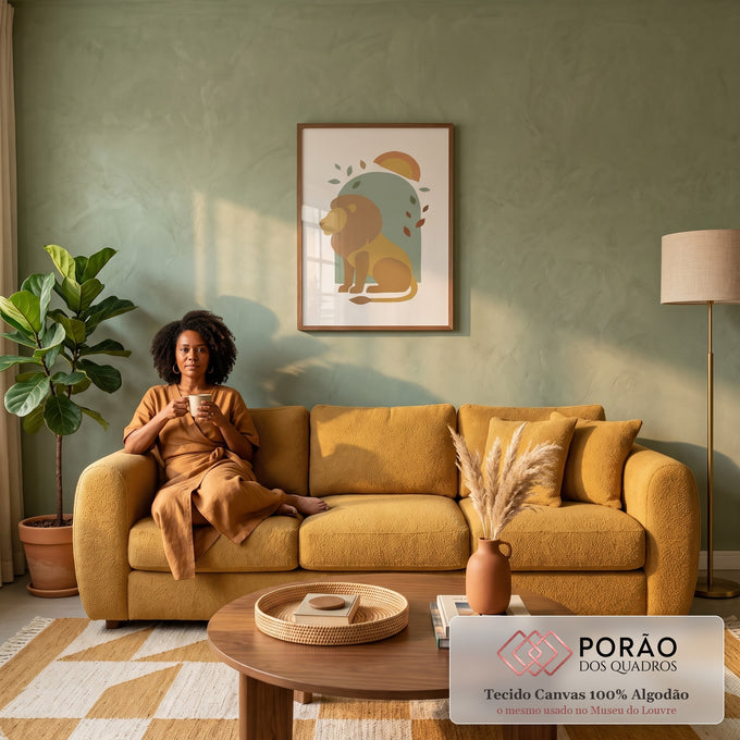 Quadro Decorativo Grande Leão Sentado para Sala Amarelo | quadros decorativos | leão sentado de perfil em estilo colagem de papel com sol ao fundo | em ambiente 2 | Porao dos Quadros