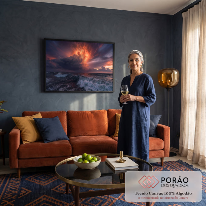 Quadro Decorativo Grande Céu de Fogo para Sala Laranja | quadros decorativos para sala de estar | céu em tons de fogo com nuvem em formato de labareda sobre mar agitado | em ambiente 3 | Porao dos Quadros