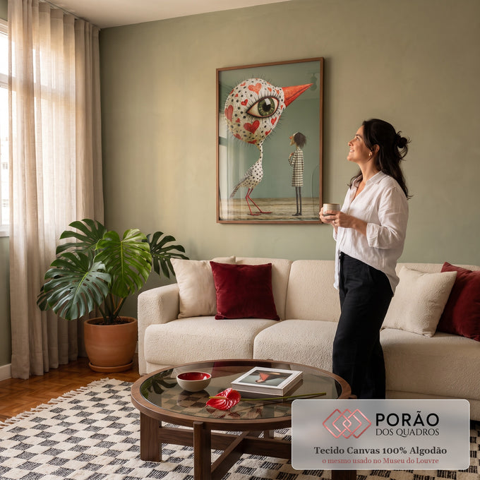 Ave surreal de olho verde gigante com corações vermelhos diante de figura em xadrez, quadro decorativo