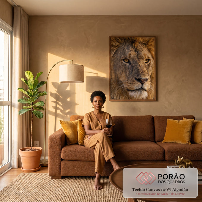 Quadro Decorativo Grande Leão Olhar para Sala Dourado | quadros decorativos para sala de estar | close extremo do rosto de um leão com olhos âmbar e juba dourada | em ambiente 3 | Porao dos Quadros