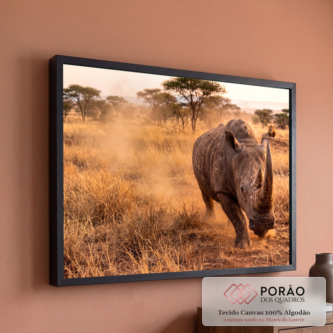 Rinoceronte avançando entre poeira dourada na savana africana, com leão ao fundo e acácias, quadro decorativo