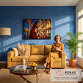 Quadro Decorativo Grande Jesus com Cordeiro Vitral para Sala | quadros decorativos para sala de estar | Jesus de manto vermelho segurando cordeiro branco com vitrais dourados ao fundo | em ambiente 3 | Porao dos Quadros