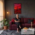 Mulher de vestido vermelho em campo de papoulas sob céu vermelho ao pôr do sol, quadro decorativo
