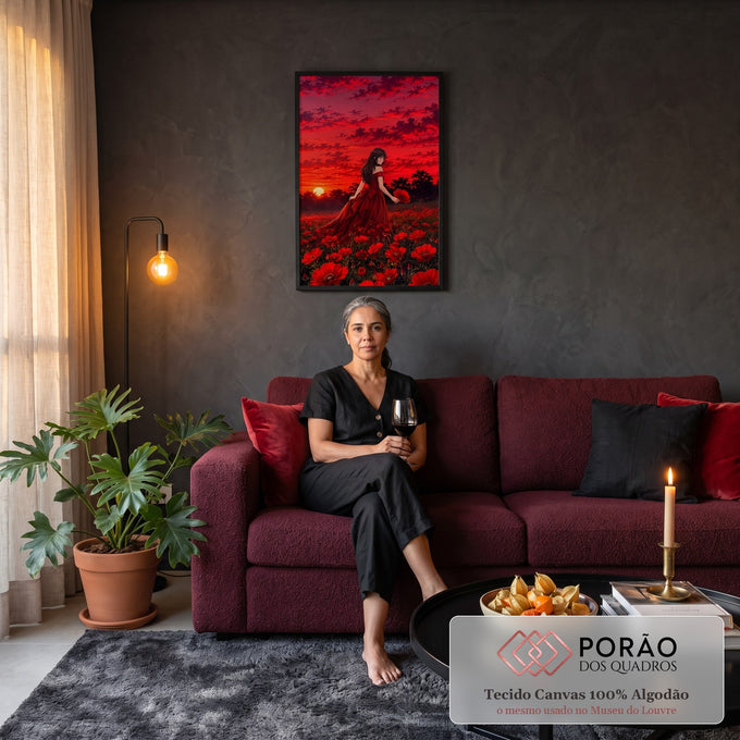 Mulher de vestido vermelho em campo de papoulas sob céu vermelho ao pôr do sol, quadro decorativo