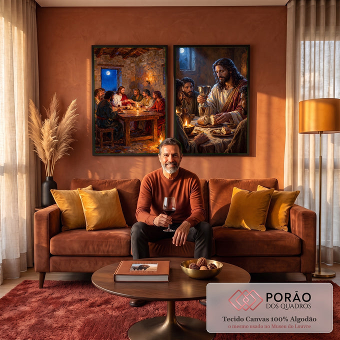 Quadro Decorativo Kit 2 Telas Última Ceia de Jesus para Sala | quadros decorativos para sala de estar | duas cenas da Última Ceia com Jesus partindo o pão e erguendo o cálice | em ambiente 3 | Porao dos Quadros