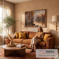 Quadro Decorativo Grande Paisagem de Outono Lago para Sala | quadros decorativos para sala de estar | paisagem de outono com lago calmo, barco de madeira e árvores douradas e avermelhadas | em ambiente 3 | Porao dos Quadros