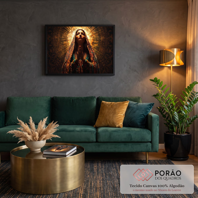 Quadro Decorativo Grande Mulher em Oração para Sala Dourado | quadros decorativos para sala de estar | mulher de véu bordado em oração com halo de luz dourada ao fundo escuro | em ambiente 3 | Porao dos Quadros