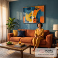 Quadro Decorativo Grande Dois Rostos para Sala Azul | quadros decorativos para sala de estar | dois rostos em perfil em azul, amarelo e laranja estilo pop art gráfico | em ambiente 3 | Porao dos Quadros