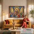Jesus de braços abertos em mosaico dourado, anjos ajoelhados orando e pombas brancas, quadro decorativo
