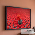 Quadro Decorativo Grande Figura para Sala Vermelho | quadros decorativos para sala de estar | figura de blazer cinza com cabeça feita de novelo de lã vermelha em campo de novelos | em ambiente 3 | Porao dos Quadros