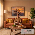 Quadro Decorativo Grande Pôr do Sol Violão para Sala Laranja | quadros decorativos para sala de estar | pôr do sol dourado com moinhos de vento, píer iluminado e violão na praia | em ambiente 3 | Porao dos Quadros