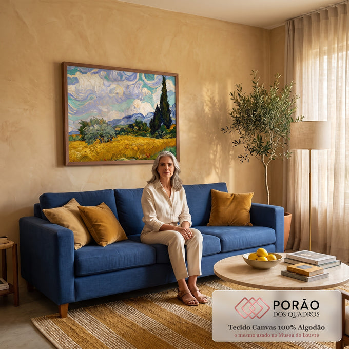 Quadro Decorativo Grande Campo de Trigo para Sala Amarelo | quadros decorativos para sala de estar | campo de trigo dourado com ciprestes escuros e céu turquesa em espiral | em ambiente 3 | Porao dos Quadros