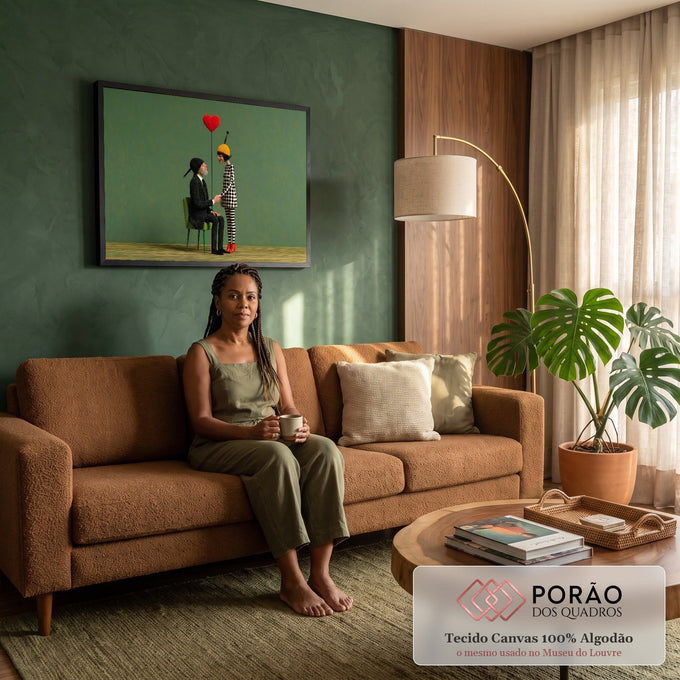 Casal estilizado em 3D de mãos dadas sob balão de coração vermelho em fundo verde, quadro decorativo