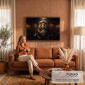 Leão vestido de nobre com casaco bordado a ouro sentado em trono entre velas e candelabros, quadro decorativo