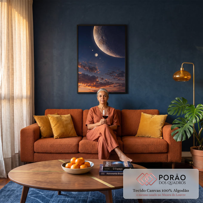 Lua crescente com crateras, Júpiter e planetas sobre nuvens alaranjadas ao entardecer, quadro decorativo