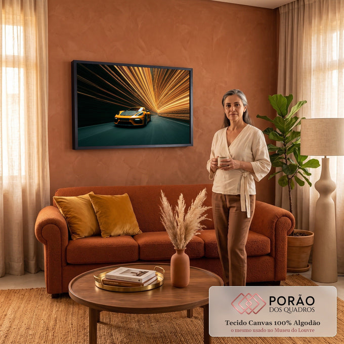 Carro esportivo amarelo em túnel com rastros de luz laranja e dourada em movimento, quadro decorativo