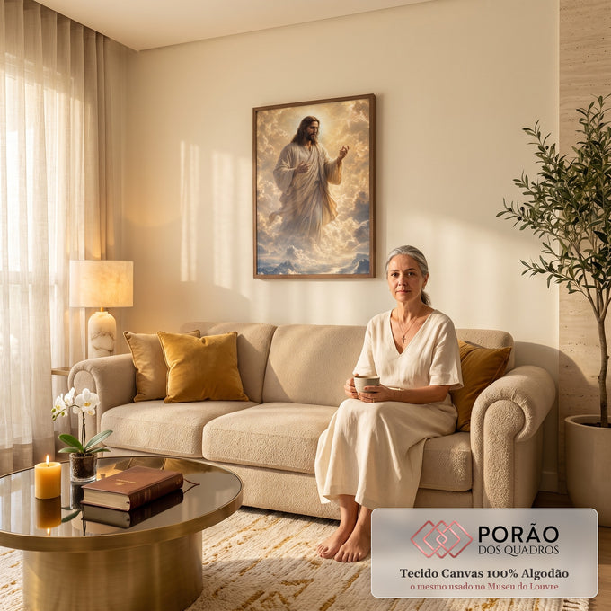 Quadro Decorativo Grande Jesus Cristo Nuvens para Sala | quadros decorativos para sala de estar | Jesus Cristo de manto branco entre nuvens com raios de luz dourada ao fundo | em ambiente 3 | Porao dos Quadros