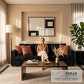 Quadro Decorativo Grande Abstrato Geométrico Bege para Sala | quadros decorativos | composição abstrata com quadrados pretos vazados e linhas onduladas sobre fundo bege | em ambiente 2 | Porao dos Quadros