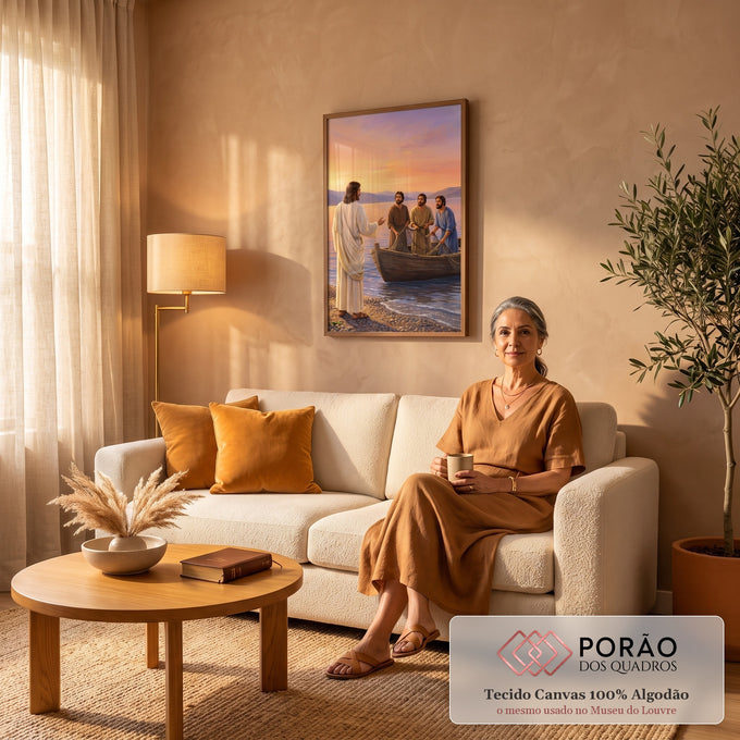 Quadro Decorativo Grande Jesus Chamando para Sala Laranja | quadros decorativos para sala de estar | Jesus de costas conversando com três pescadores num barco ao pôr do sol | em ambiente 3 | Porao dos Quadros
