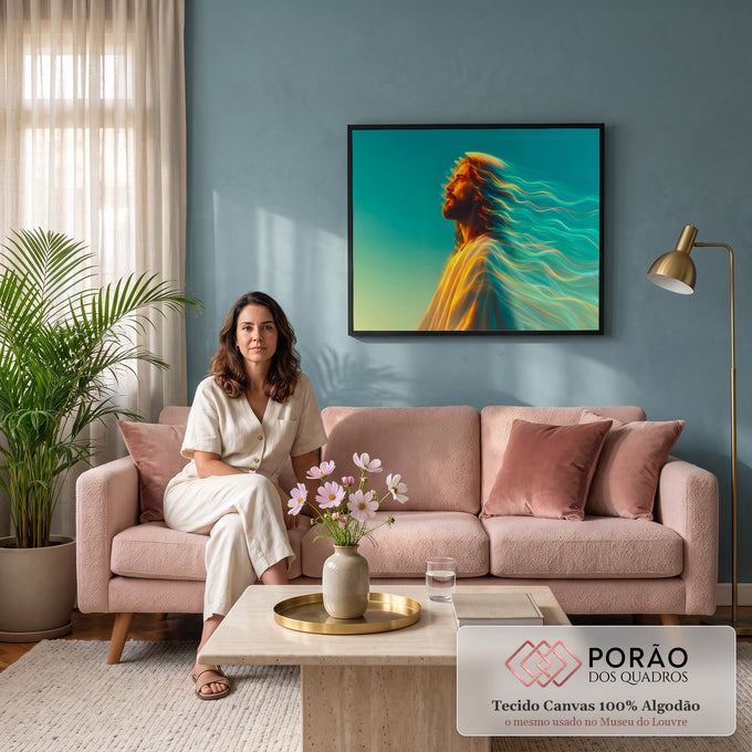 Quadro Decorativo Grande Homem Sagrado para Sala Azul | quadros decorativos para sala de estar | homem sagrado de perfil com cabelo transformado em ondas de luz dourada e azul | em ambiente 3 | Porao dos Quadros